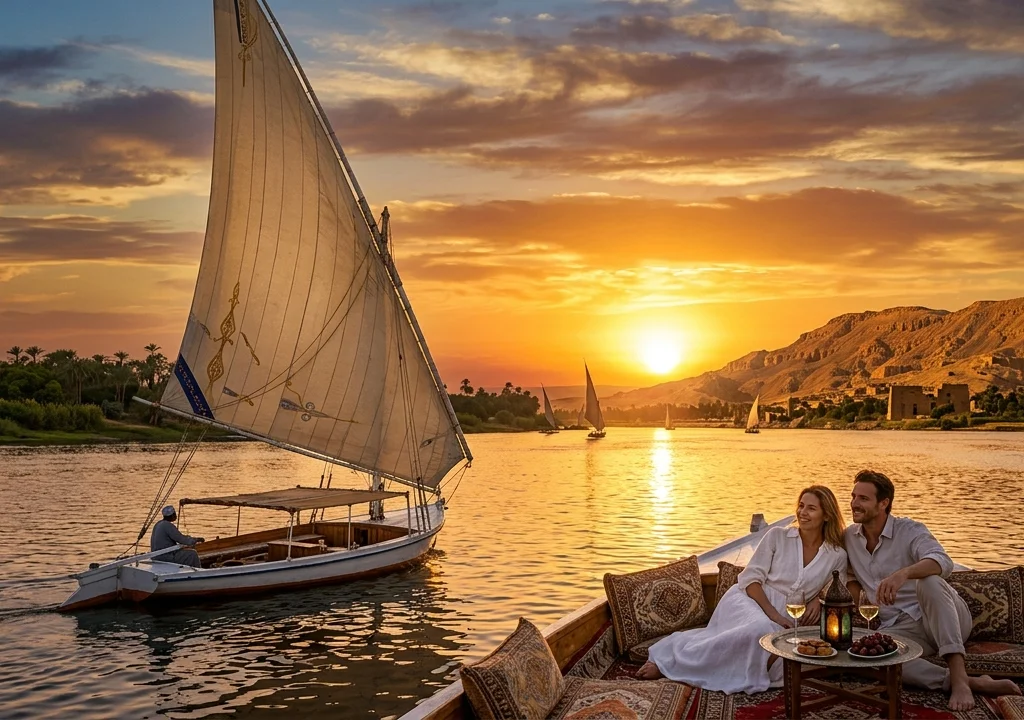 Sailing in a felucca at sunset on the Nile River